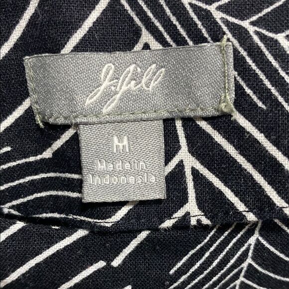 J. Jill Linen Cotton Shift Dress M Black White Leaf Print Sleeveless Pockets - Picture 2 of 11